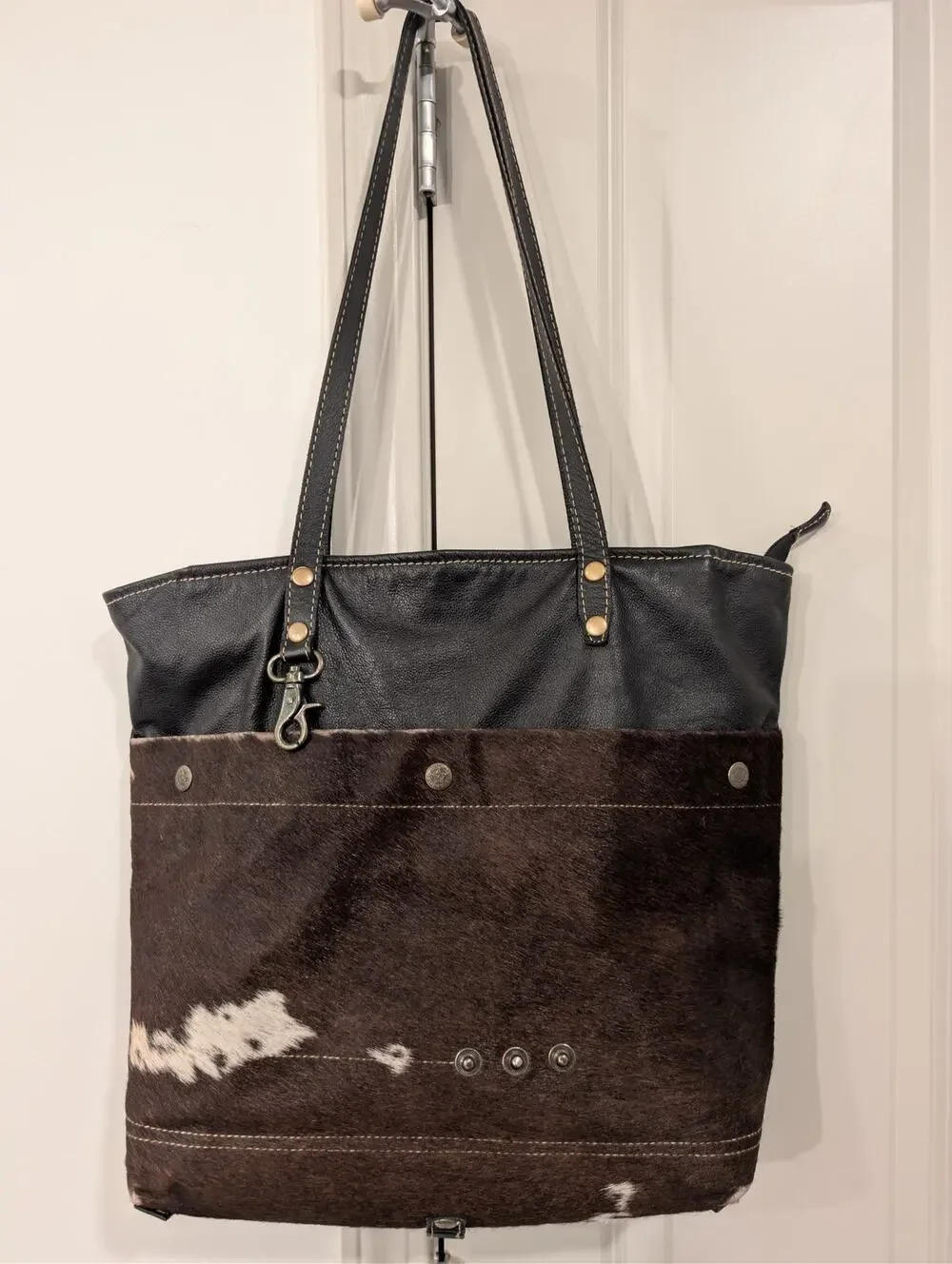 1387 -Myra Bag Shades of Black Genuine Hair-on Leather Tote Bag